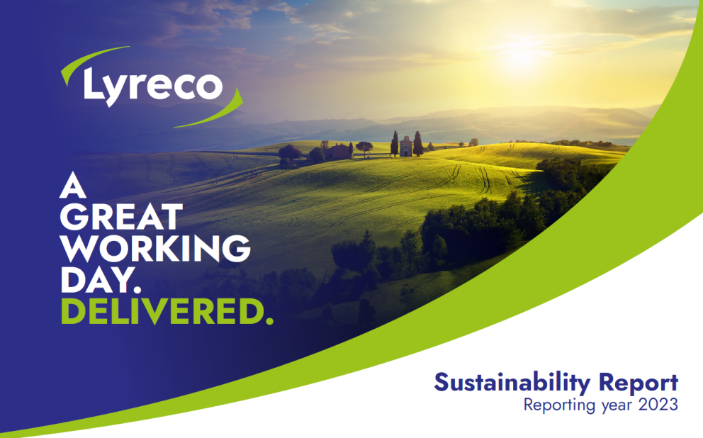 Sustainability report, reporting year 2023 cover with a landscape at sunrise