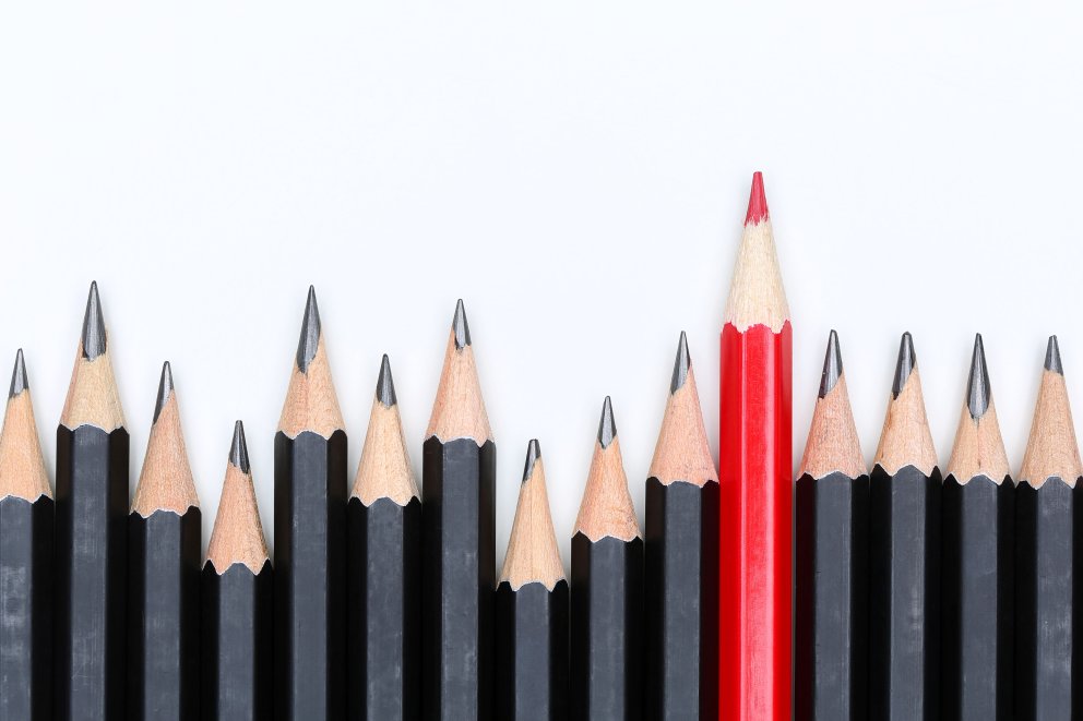 svarta blyertspennor i olika storlekar och en röd färgpenna